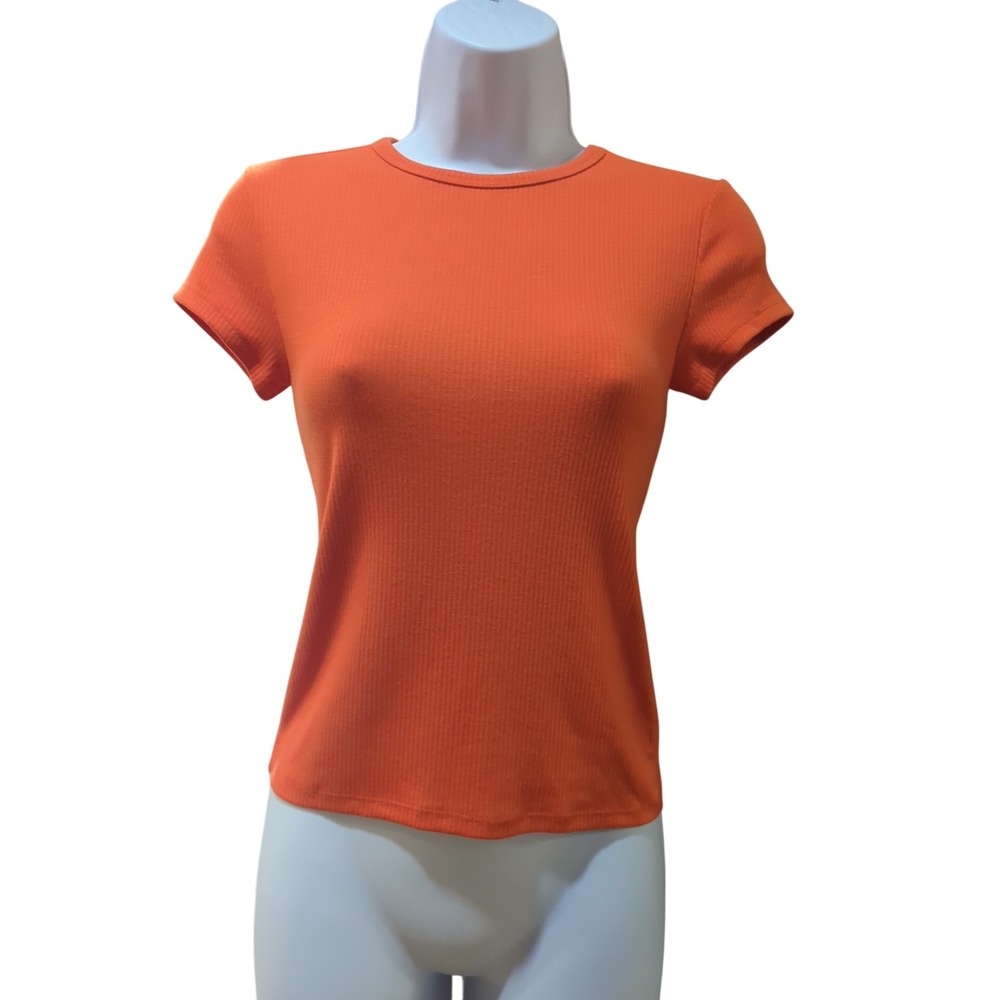 Madewell Womens Ribbed Short Sleeve T-Shirt‎ Orange Crew Neck XXS Cap Sleeve